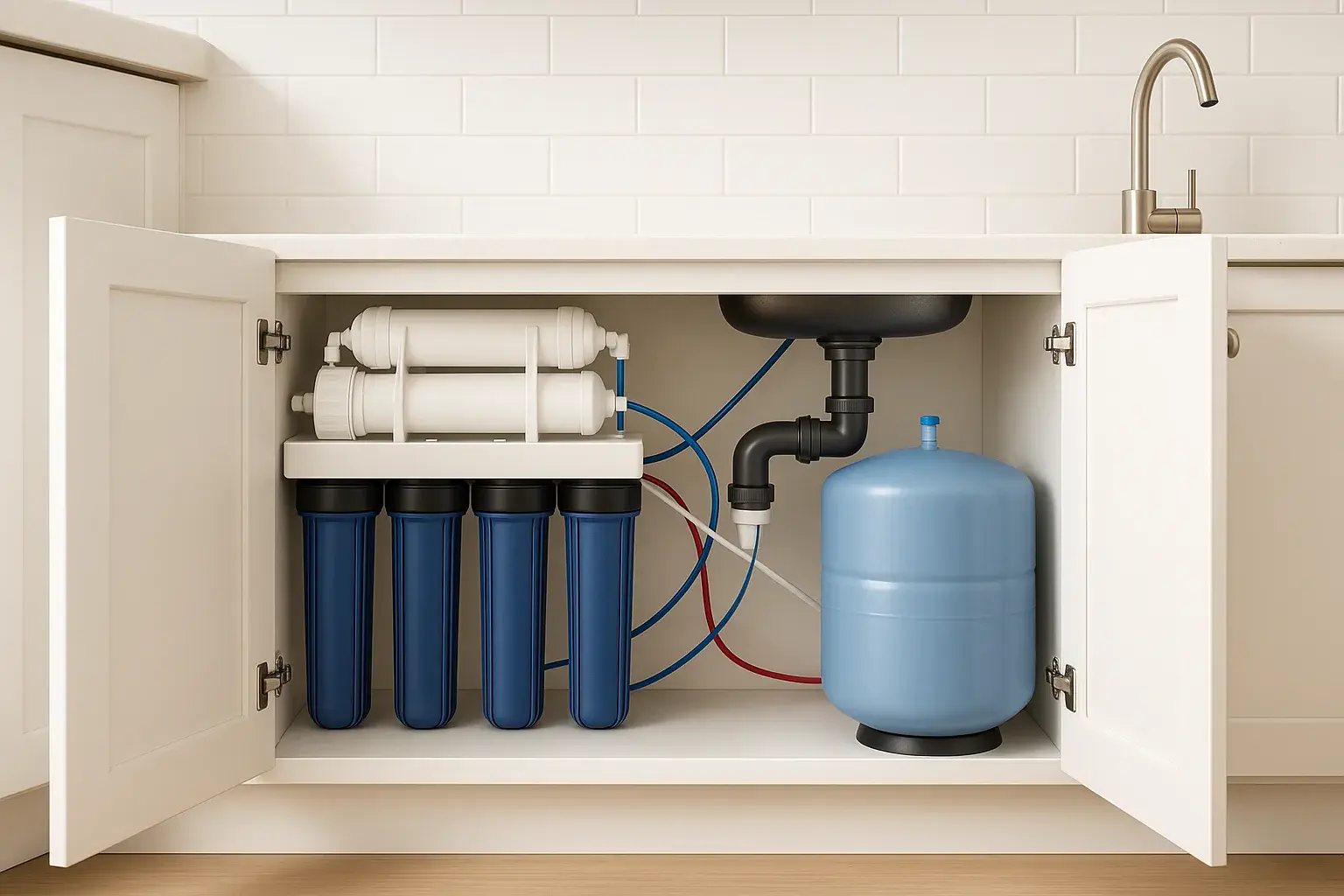 Intérieur d’une armoire de cuisine ouverte : boîtiers de filtres bleus fixés à la paroi, réservoir sous pression au sol et tubulure blanche et bleue raccordée à l’eau froide.
