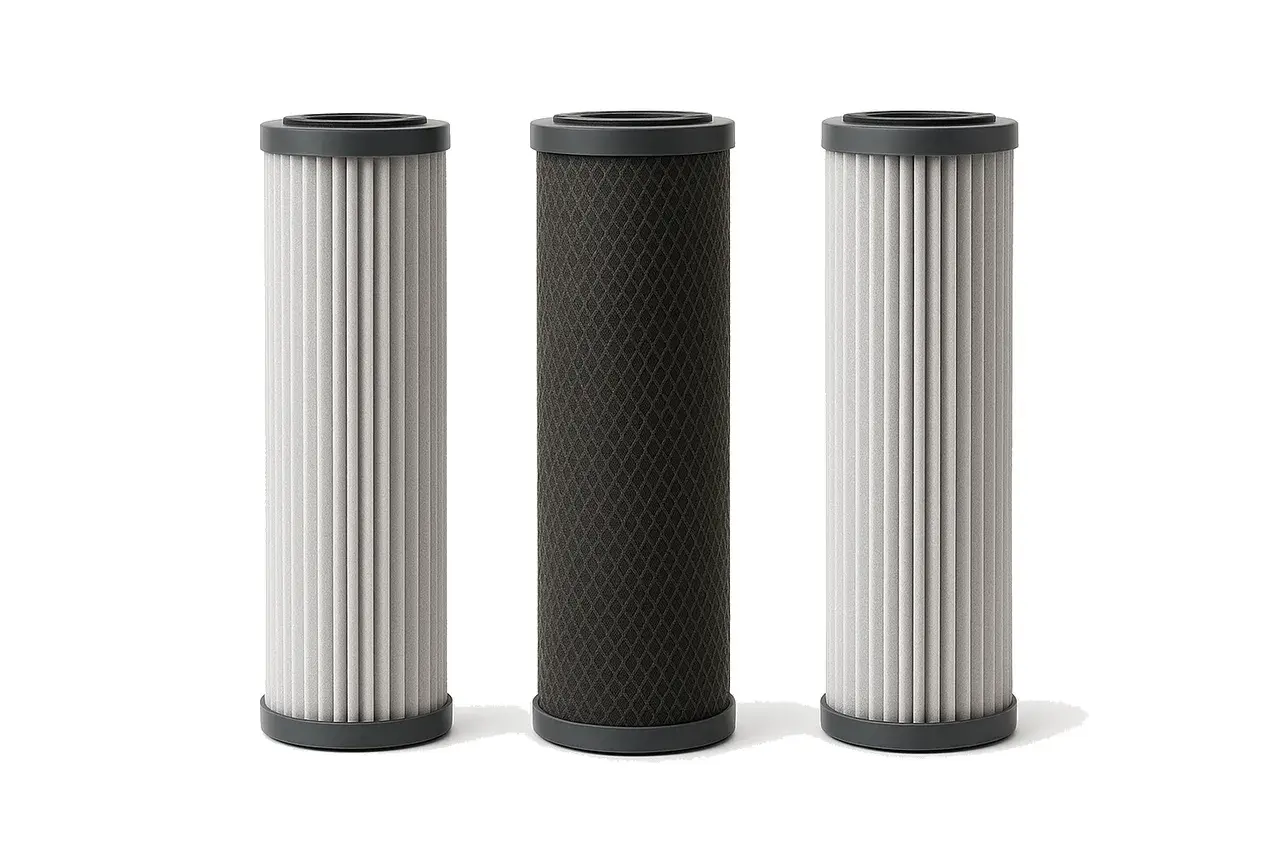 Cartouches de remplacement pour le système de filtration, alignées sur fond blanc.